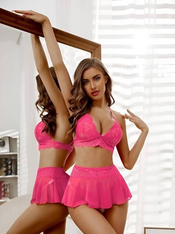 Dantel ve Tül Detaylı Fantezi Sütyen Etek Takım Venlisa 2702 - Pembe