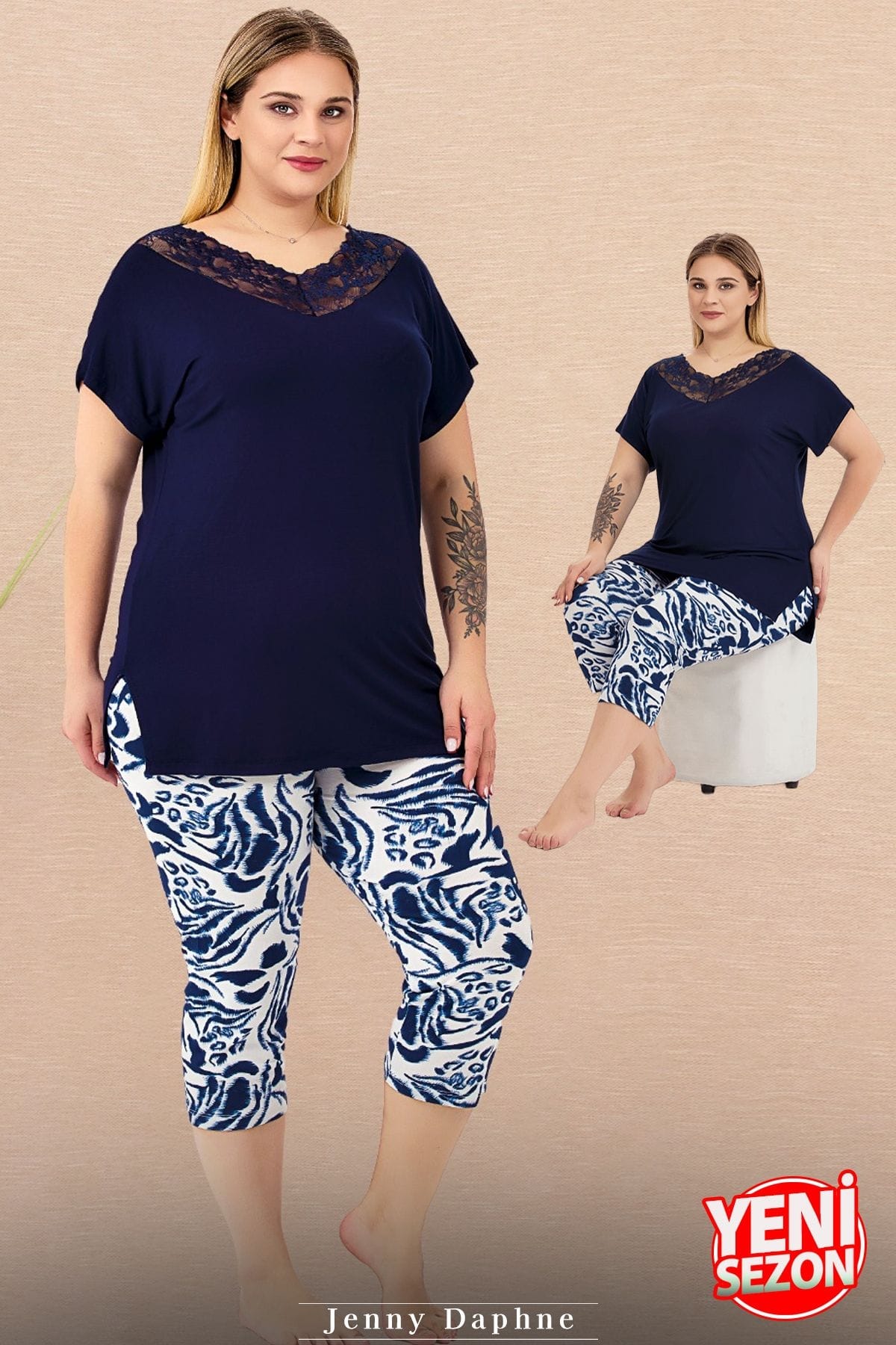 Dantel Yaka Büyük Beden Çiçek Desenli Kısa Kollu Kapri Pijama Takımı Lady 10734 - Lacivert