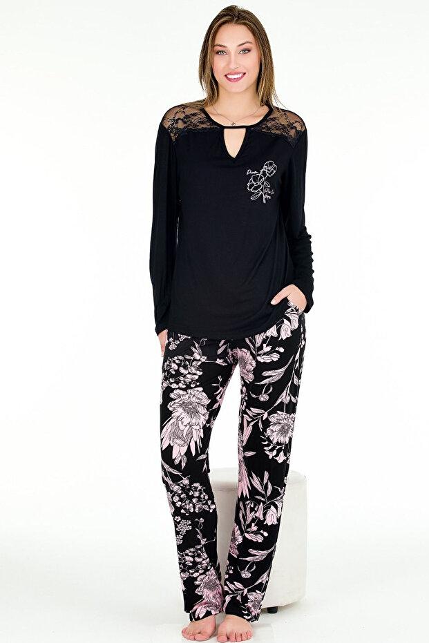 Dantel Yaka Gül Desenli Viskon Uzun Kollu Pijama Takımı Lady 11668 - Siyah