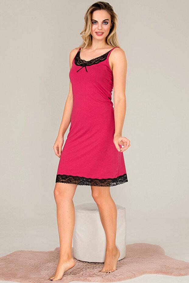 Dantel Yaka İnce Askılı Viskon Kadın Gecelik Lady 5523 - Fuşya