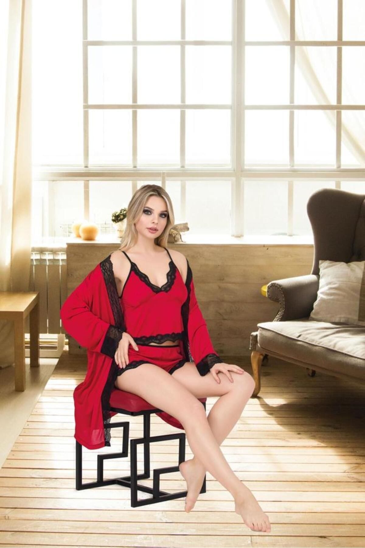 Dantelli Şortlu Kadın Gecelik Takım Kırmızı İzabel 8006 - Kırmızı