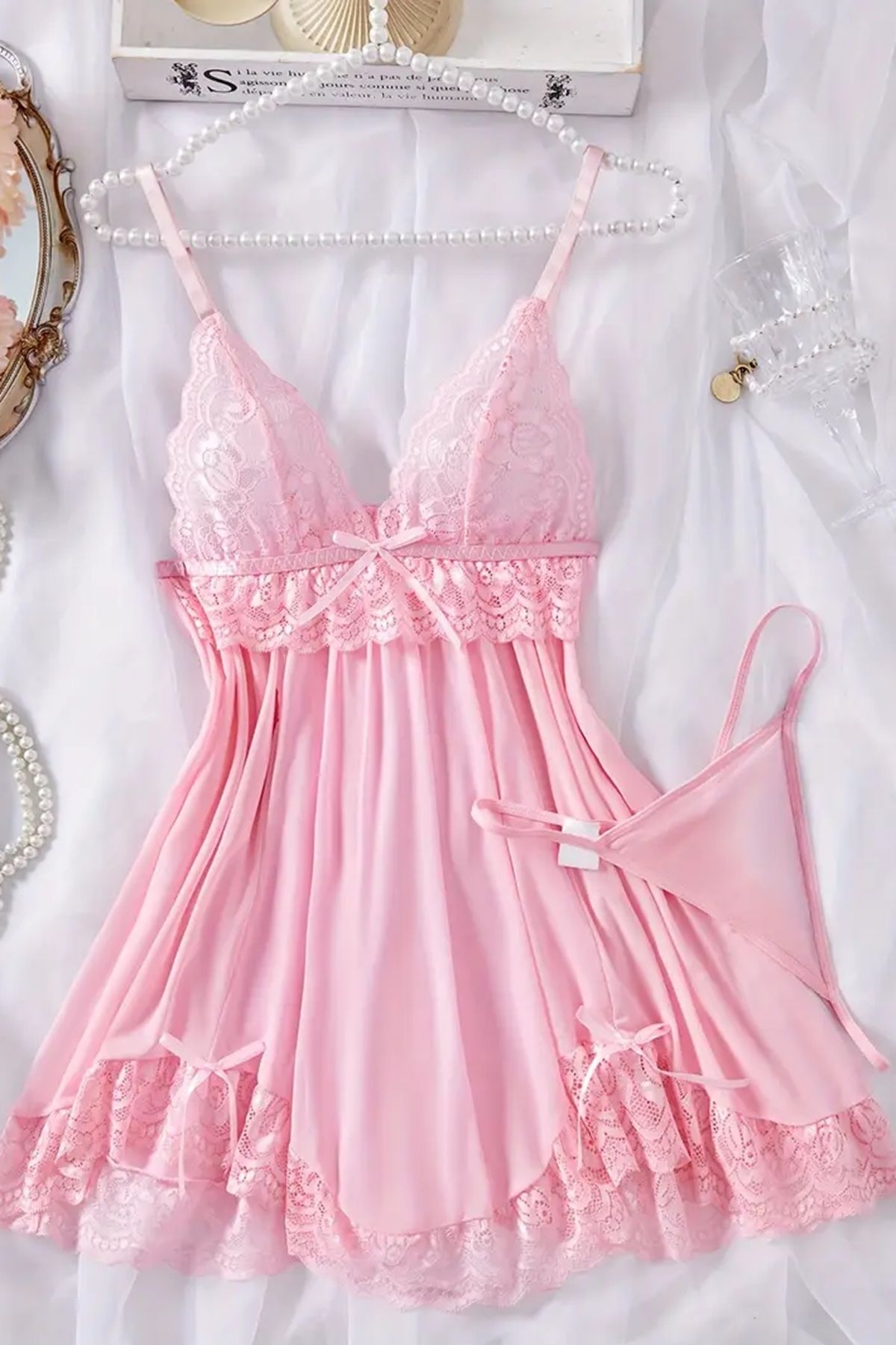 Dantelli Askılı Yumuşacık Tanga ve Gecelik Takım Pembe Merry See MS2380 - Pembe