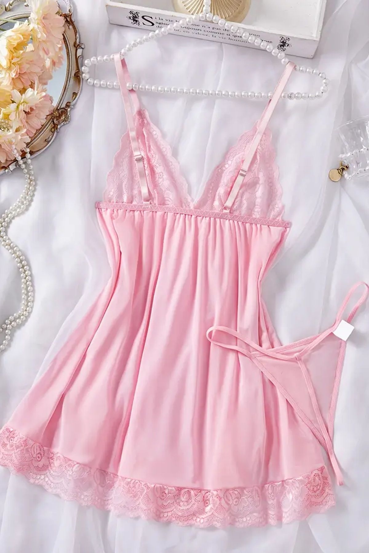 Dantelli Askılı Yumuşacık Tanga ve Gecelik Takım Pembe Merry See MS2380 - Pembe