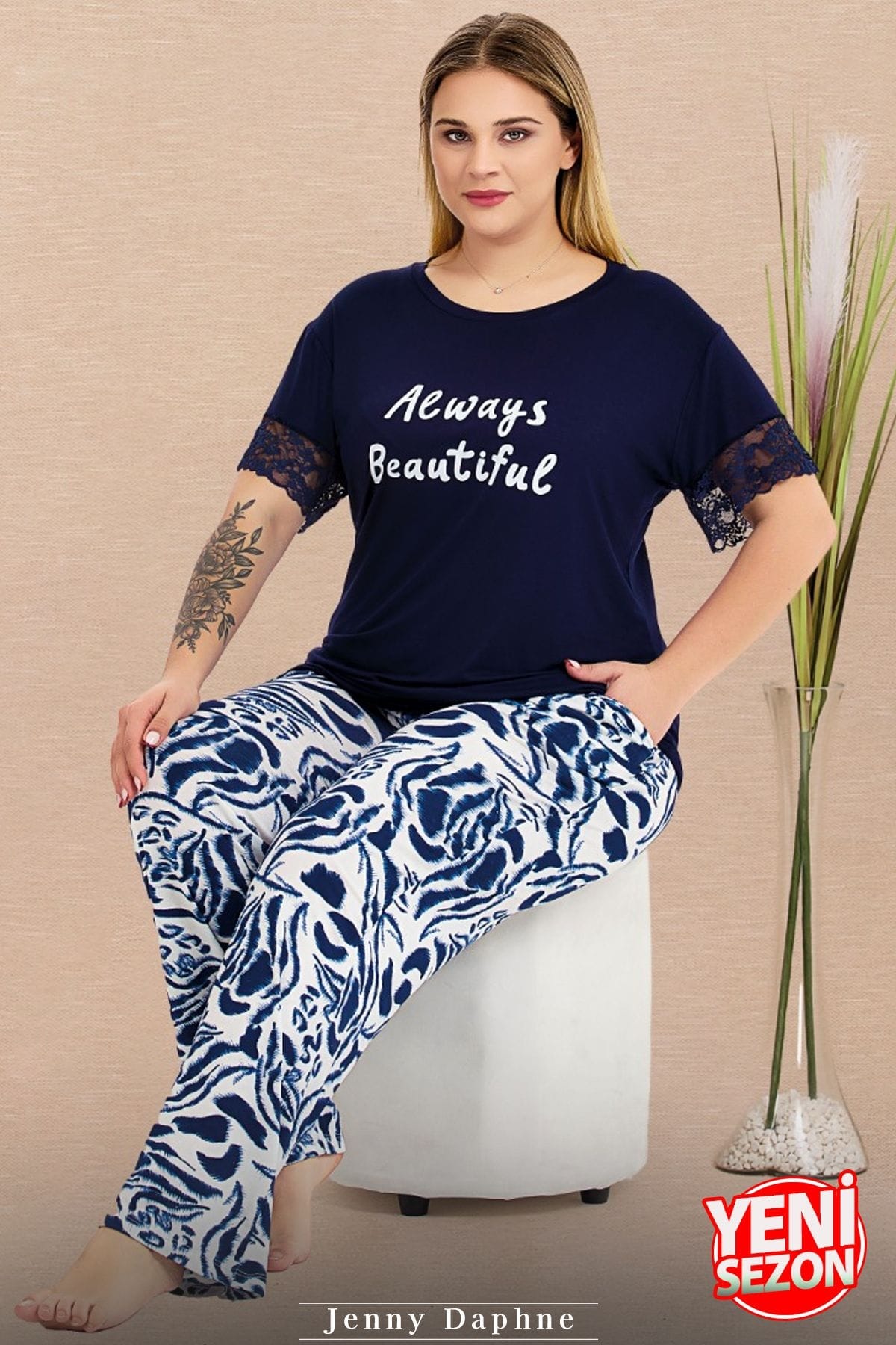 Dantelli Cepli Kısa Kollu Pijama Takımı Lady 11024 - Lacivert