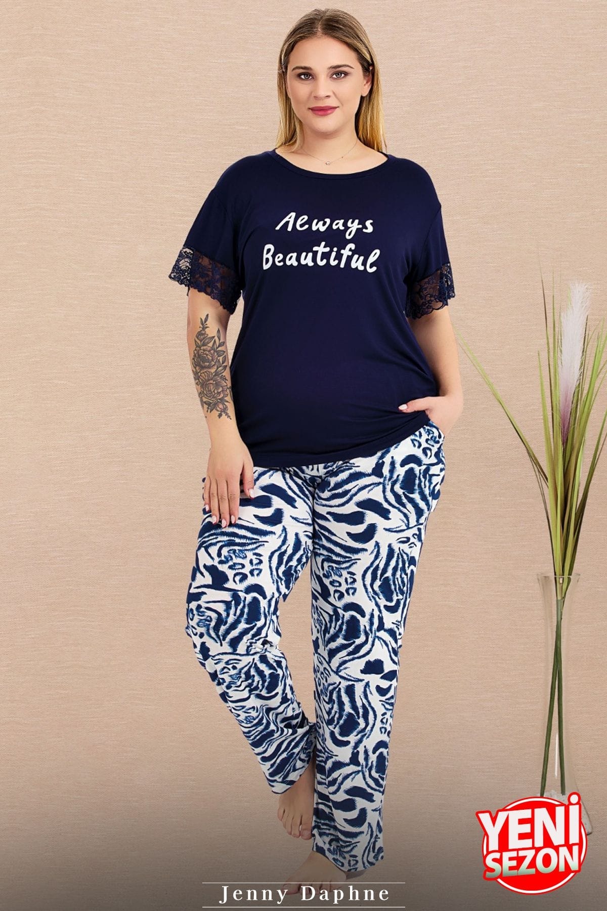 Dantelli Cepli Kısa Kollu Pijama Takımı Lady 11024 - Lacivert