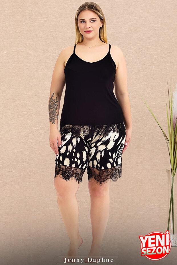 Dantelli Desenli Büyük Beden Şortlu Pijama Takımı Lady 10425 - Siyah