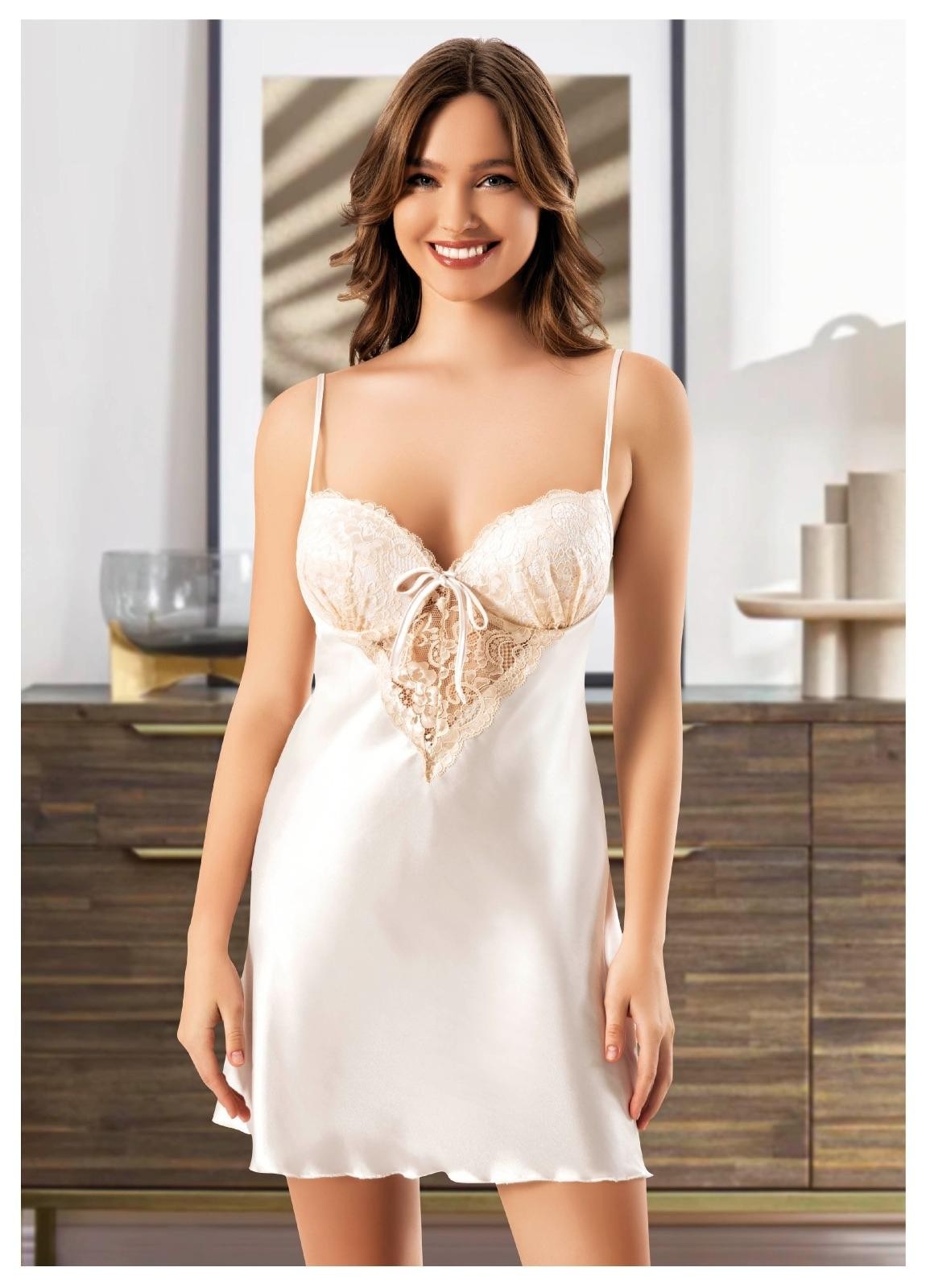 Dantelli İnce Askılı Saten Gecelik Sabahlık Takımı Miss Laris 5087 - Krem