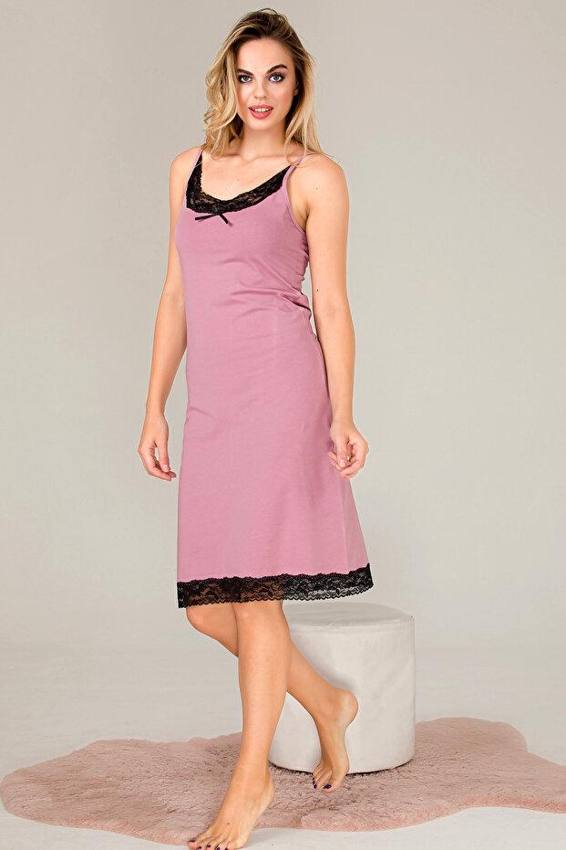 İnce Askılı Dantelli Midi Gecelik Lila Viskon Lady 5510 - Lila