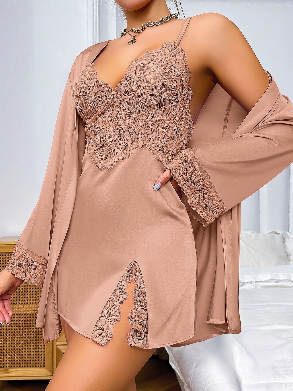 Dantelli İnce Askılı Uzun Kollu Gecelik Takım Siyah-Gri Pink Night 1538 - Pudra