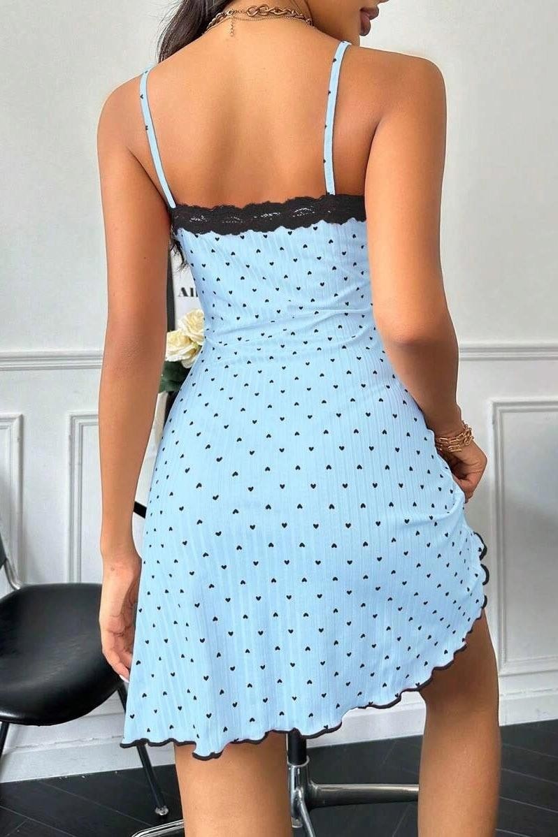 İnce Askılı Dantelli Mavi Kısa Gecelik Ruselin 5068 - Mavi