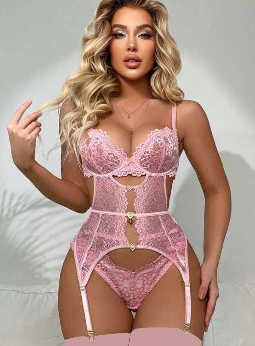 Dantel Detaylı Kalpli Bodysuit Jartiyer Takım Loomerie 392 - Pembe
