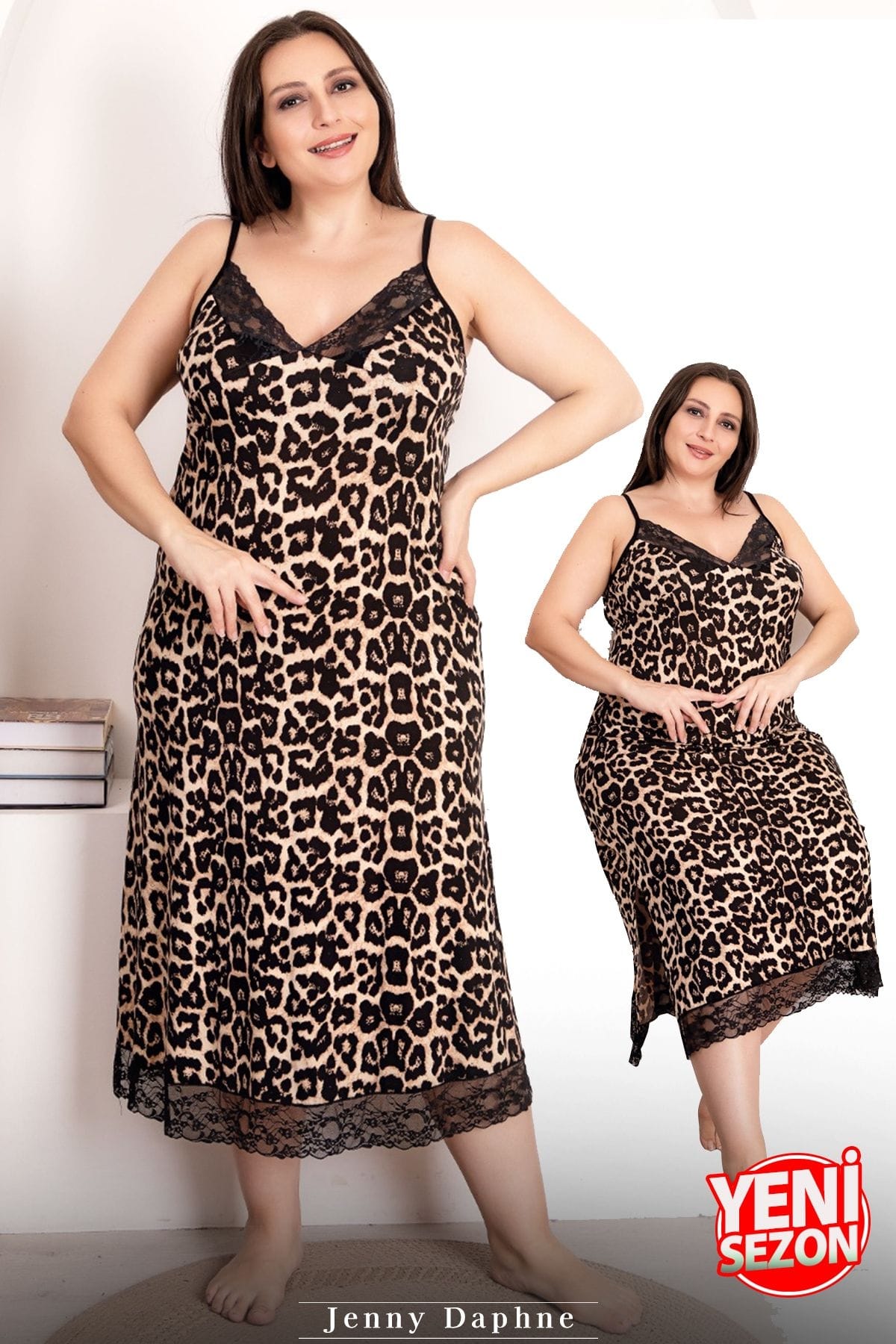 Dantelli Leopar Desenli Askılı Kadın Elbise Somon Lady 7254 - Siyah