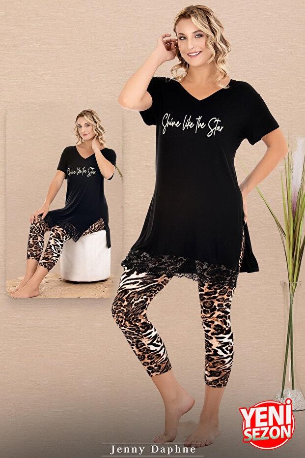 Dantelli Leopar Desenli V Yaka Kısa Kollu Kapri Kadın Pijama Takımı Lady 12079 - Siyah