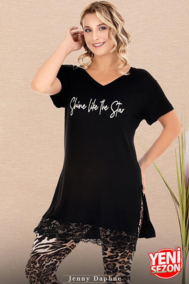 Dantelli Leopar Desenli V Yaka Kısa Kollu Kapri Kadın Pijama Takımı Lady 12079 - Siyah