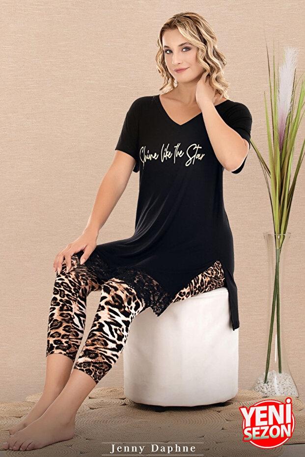 Dantelli Leopar Desenli V Yaka Kısa Kollu Kapri Kadın Pijama Takımı Lady 12079 - Siyah