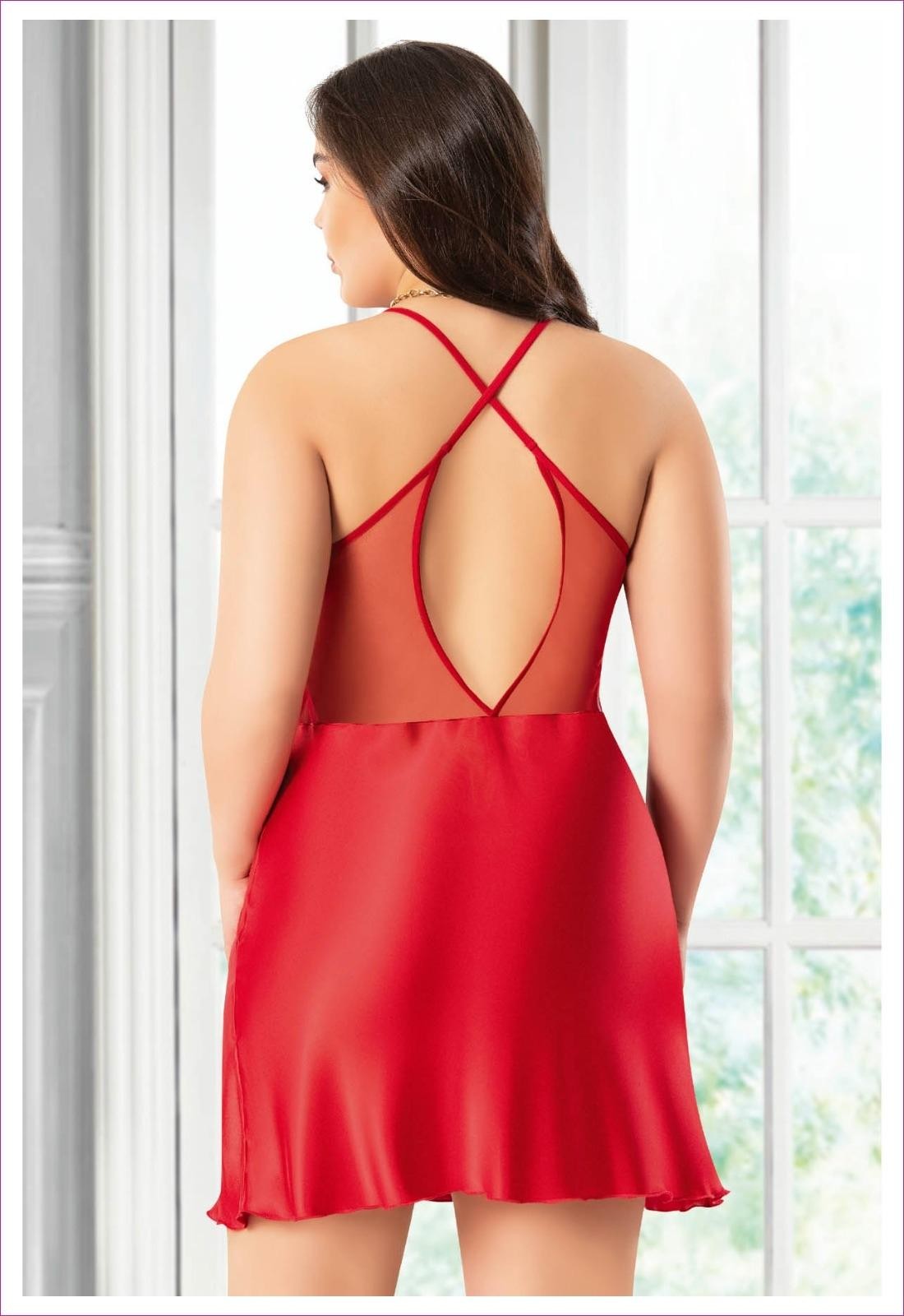 Dantelli Transparan Parçalı Sırtı Çapraz Askılı Gecelik Miss Laris 4042 - Kırmızı