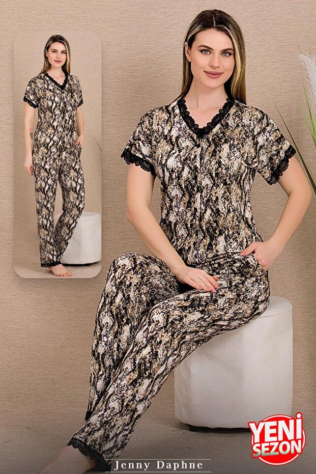 Dantelli Üst Düğmeli Kısa Kollu Pijama Takımı Lady 12481 - Yeşil