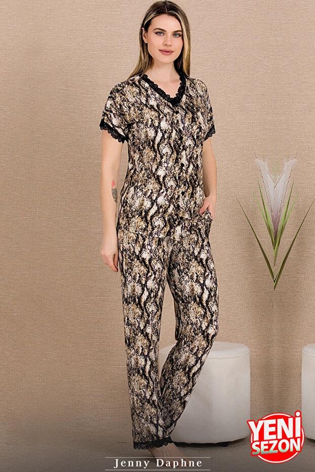 Dantelli Üst Düğmeli Kısa Kollu Pijama Takımı Lady 12481 - Yeşil