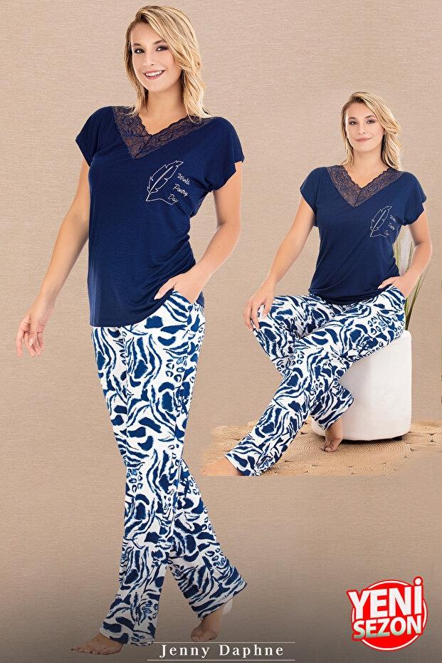 Dantelli V Yaka Kısa Kollu Ekru Pijama Takımı Lady 12672 - Lacivert