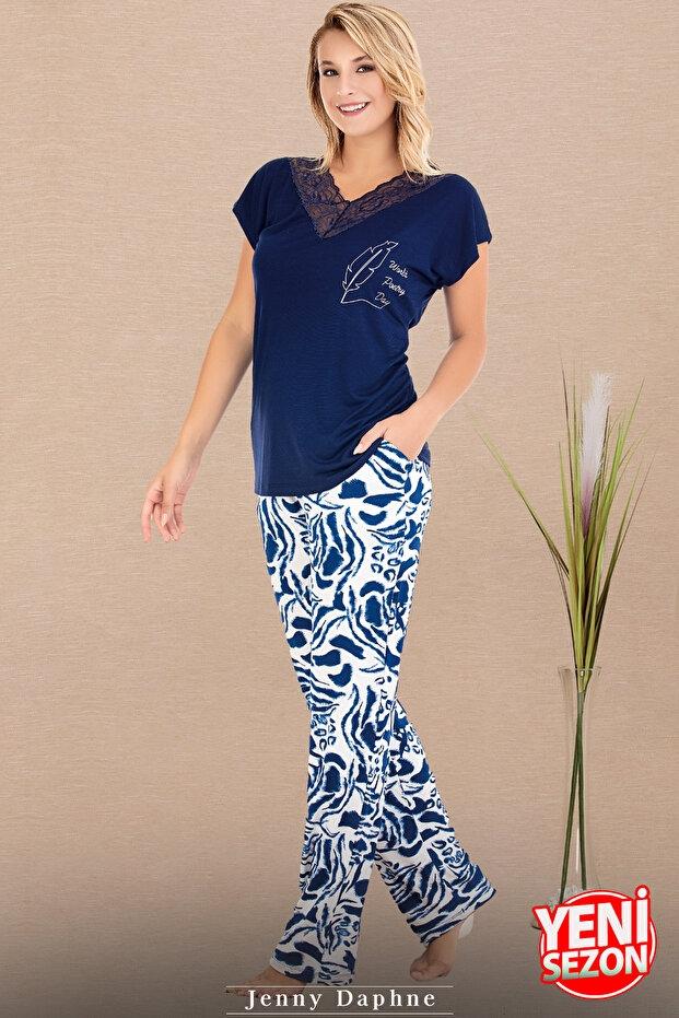 Dantelli V Yaka Kısa Kollu Ekru Pijama Takımı Lady 12672 - Lacivert