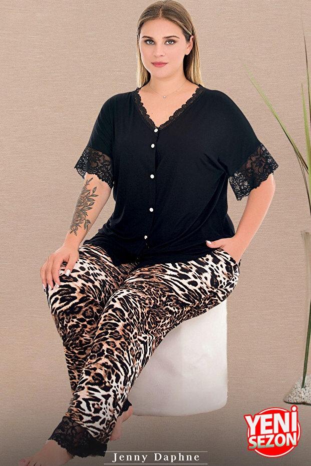 Dantelli V Yaka Leopar Desenli Büyük Beden Kadın Pijama Takımı Lady 11012 - Siyah