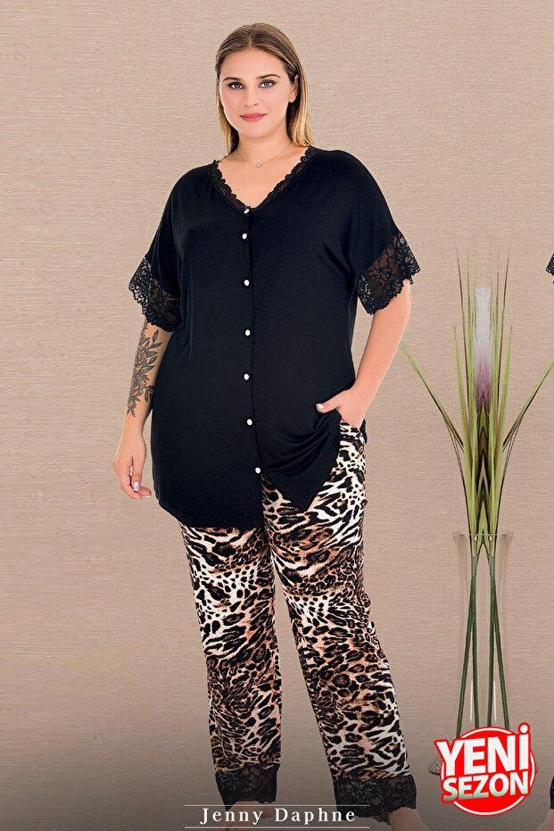 Dantelli V Yaka Leopar Desenli Büyük Beden Kadın Pijama Takımı Lady 11012 - Siyah