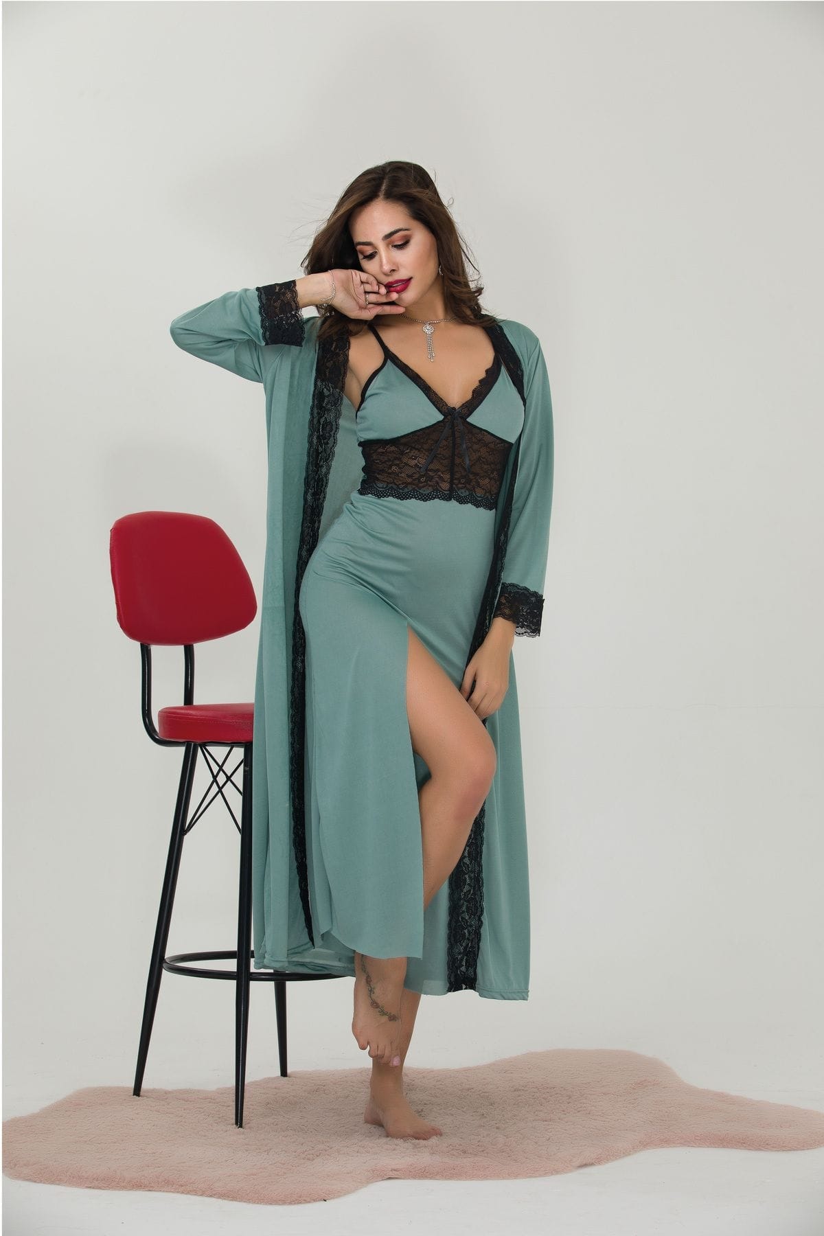 Dantelli Yeşil Büyük Beden Uzun Sabahlık Gecelik Takımı İzabel 7005 - Yeşil
