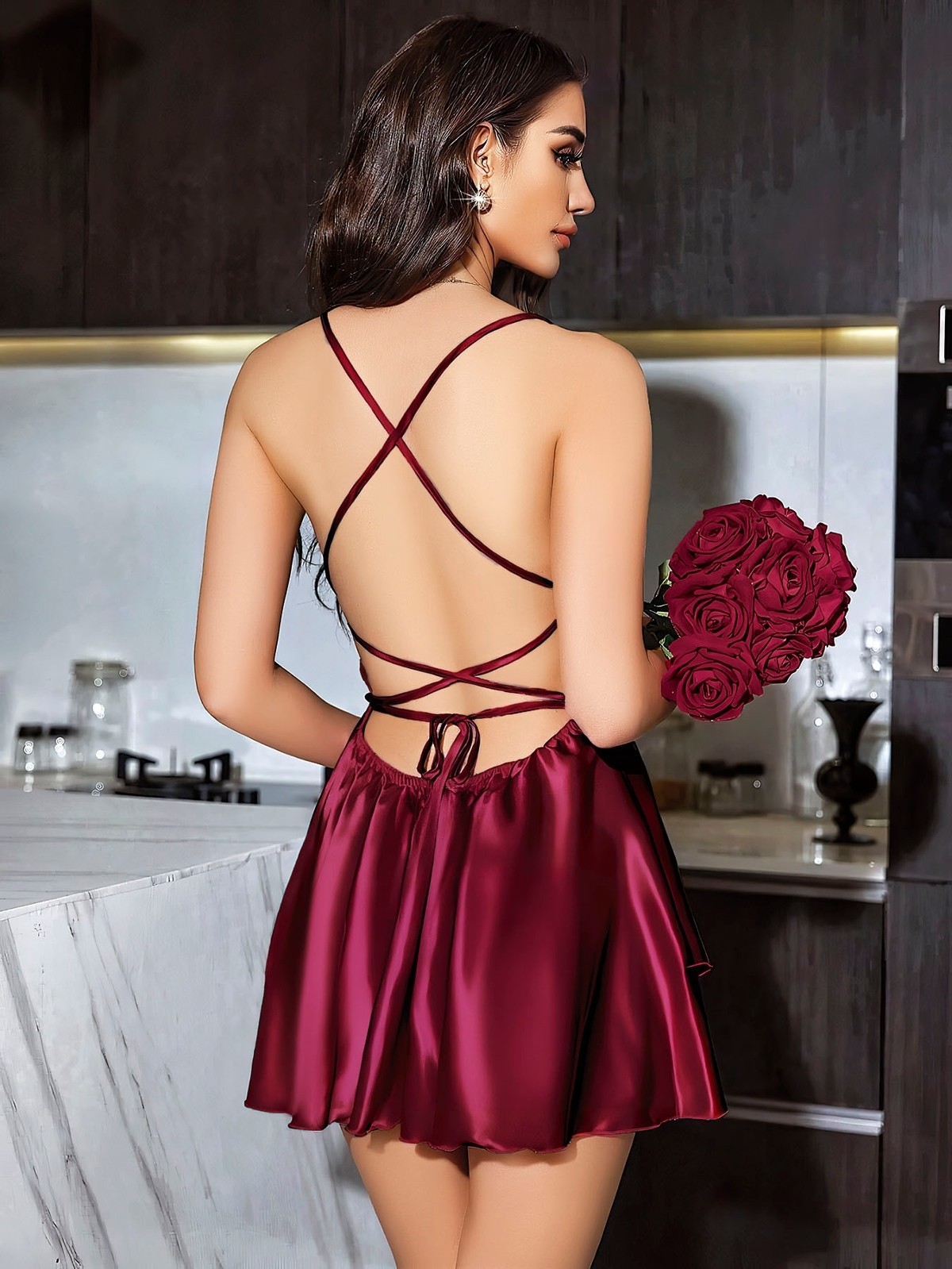 Pink Night Saten Malzeme Degaje Yaka Gecelik Sabahlık Takım Pink Night 1501 - Görsel 2