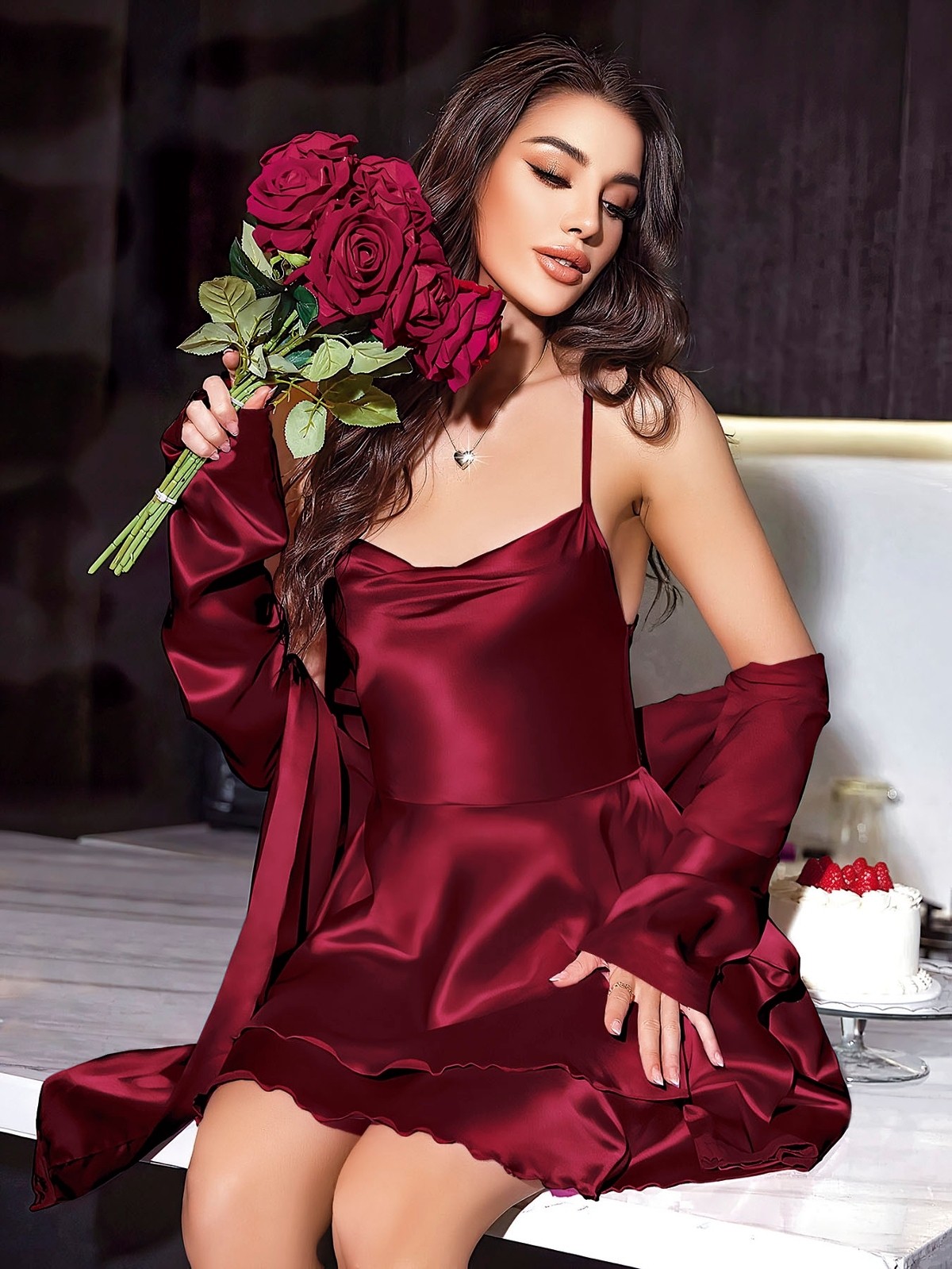 Saten Malzeme Degaje Yaka Gecelik Sabahlık Takım Pink Night 1501 - Bordo