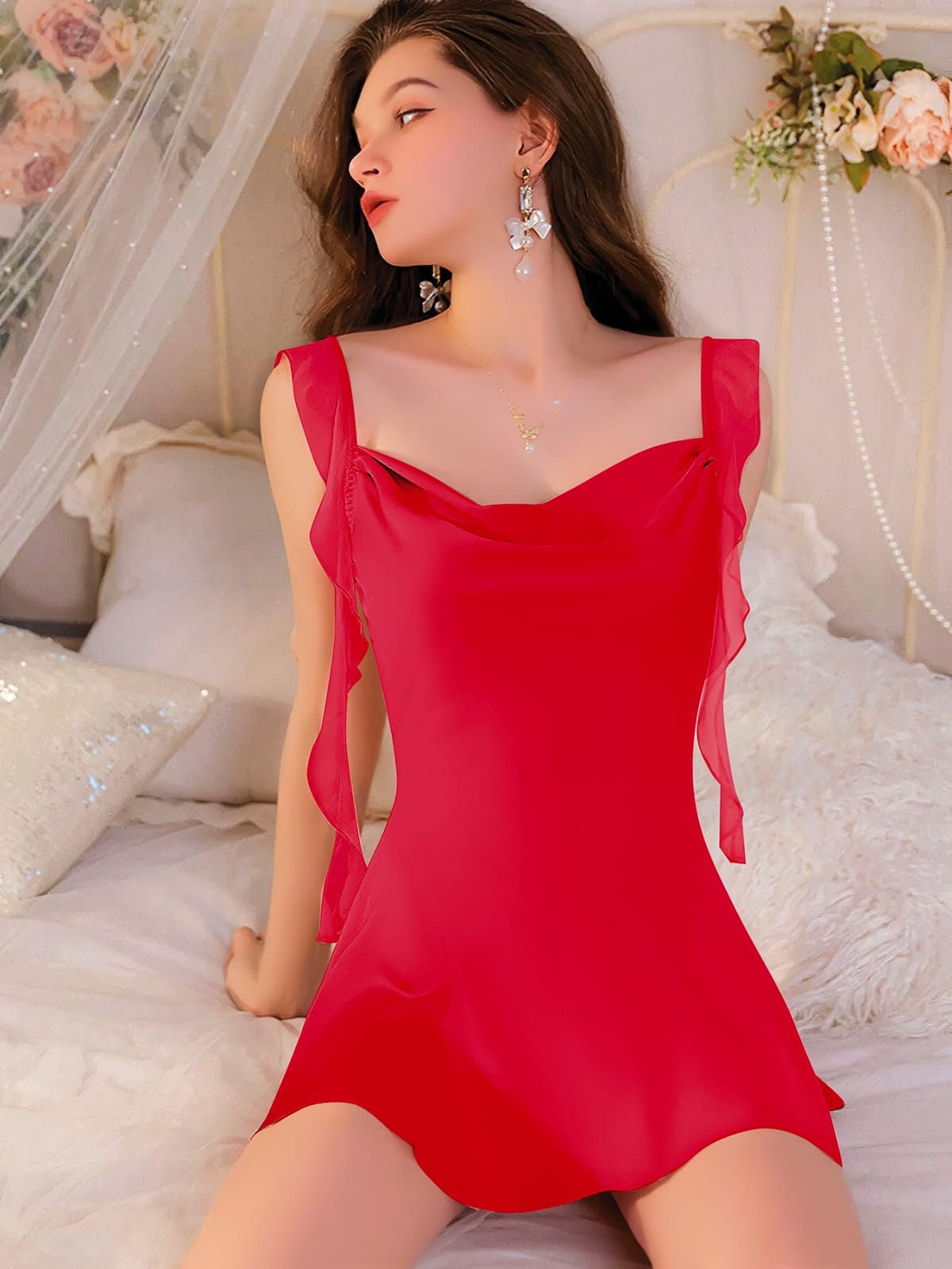 Dekolteli Kırmızı Dantel Askı Detaylı Body Pink Night 3835 - Kırmızı