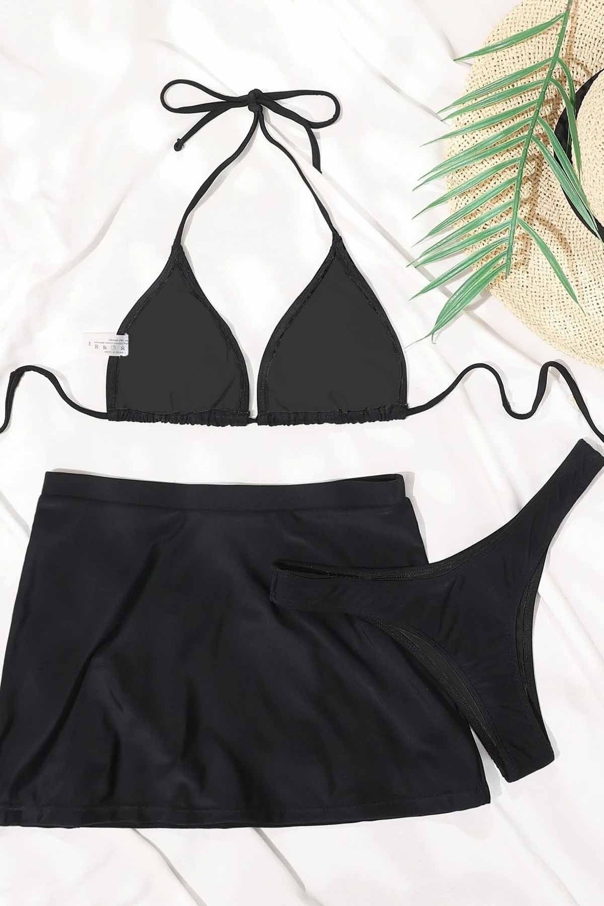Deniz Etekli 3 Lü Bikini Takım (Çıkartılabilir Kaplı) Angelsin MS 4392 - Siyah