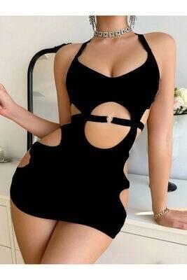 Pencereli Boyundan Bağlamalı Mini Elbise Fuşya Somon Venlisa 9200 - Siyah