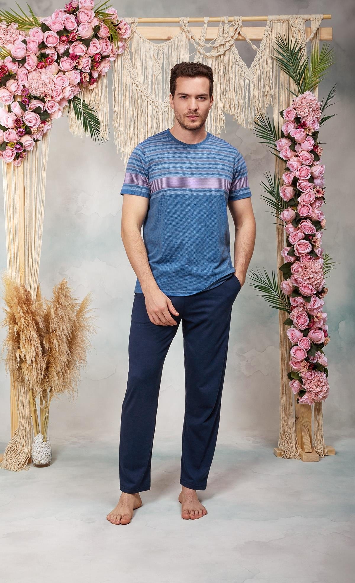 Lacivert Bisiklet Yaka Polyester Modal Erkek Pijama Takımı Doreanse 254562 - Mavi