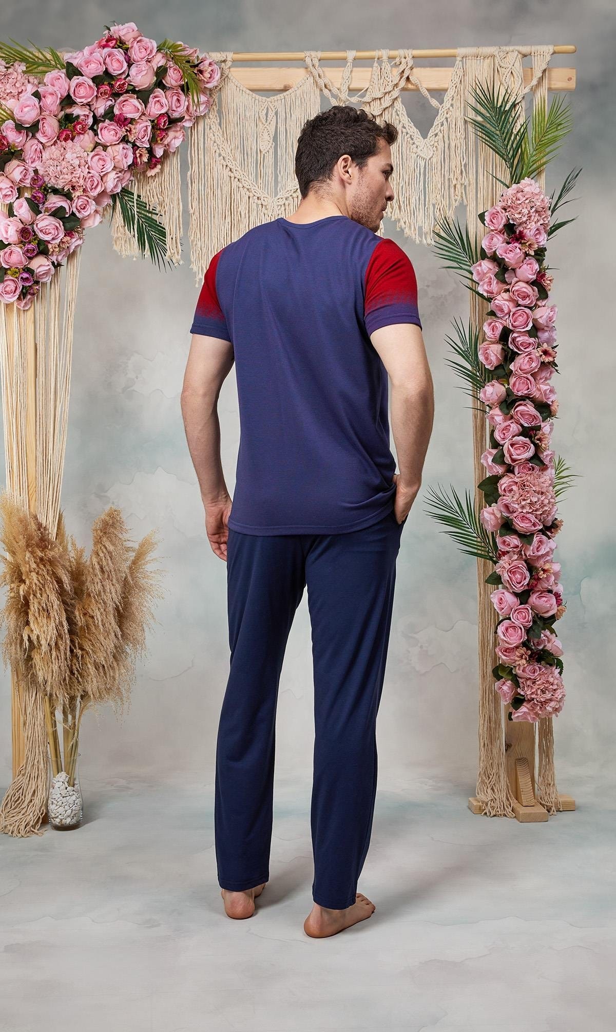Lacivert Kırmızı Baskılı Bisiklet Yaka T-Shirt Pijama Takımı Doreanse 25Y4560 - Lacivert