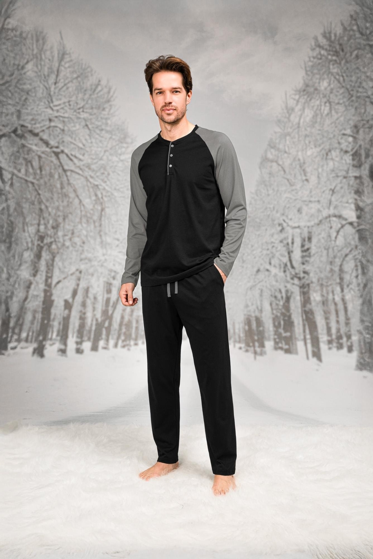 Düğmeli Cepli Yuvarlak Yaka Erkek Pijama Takımı Doreanse 26K4609 - Siyah