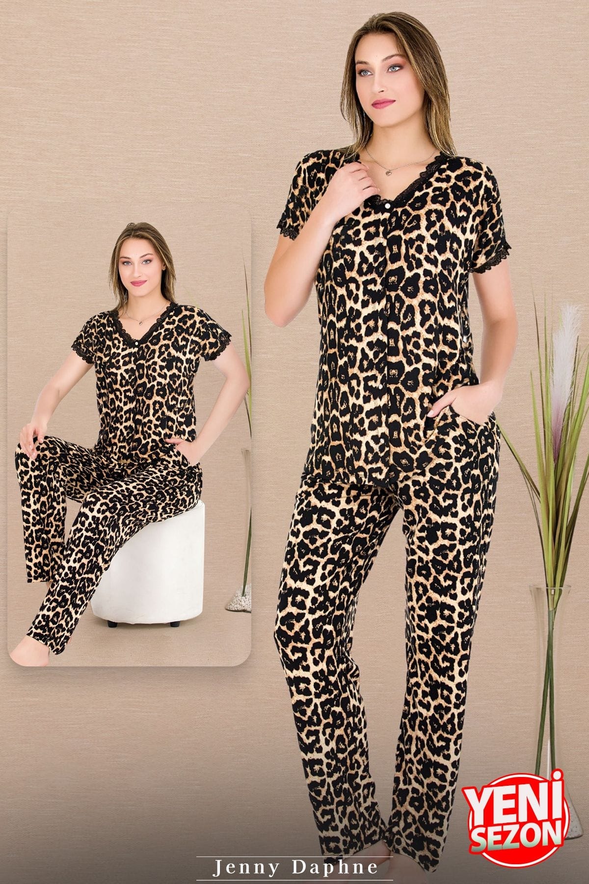 Düğmeli Leopar Desenli Kısa Kollu Pijama Takımı Lady 12482 - Siyah