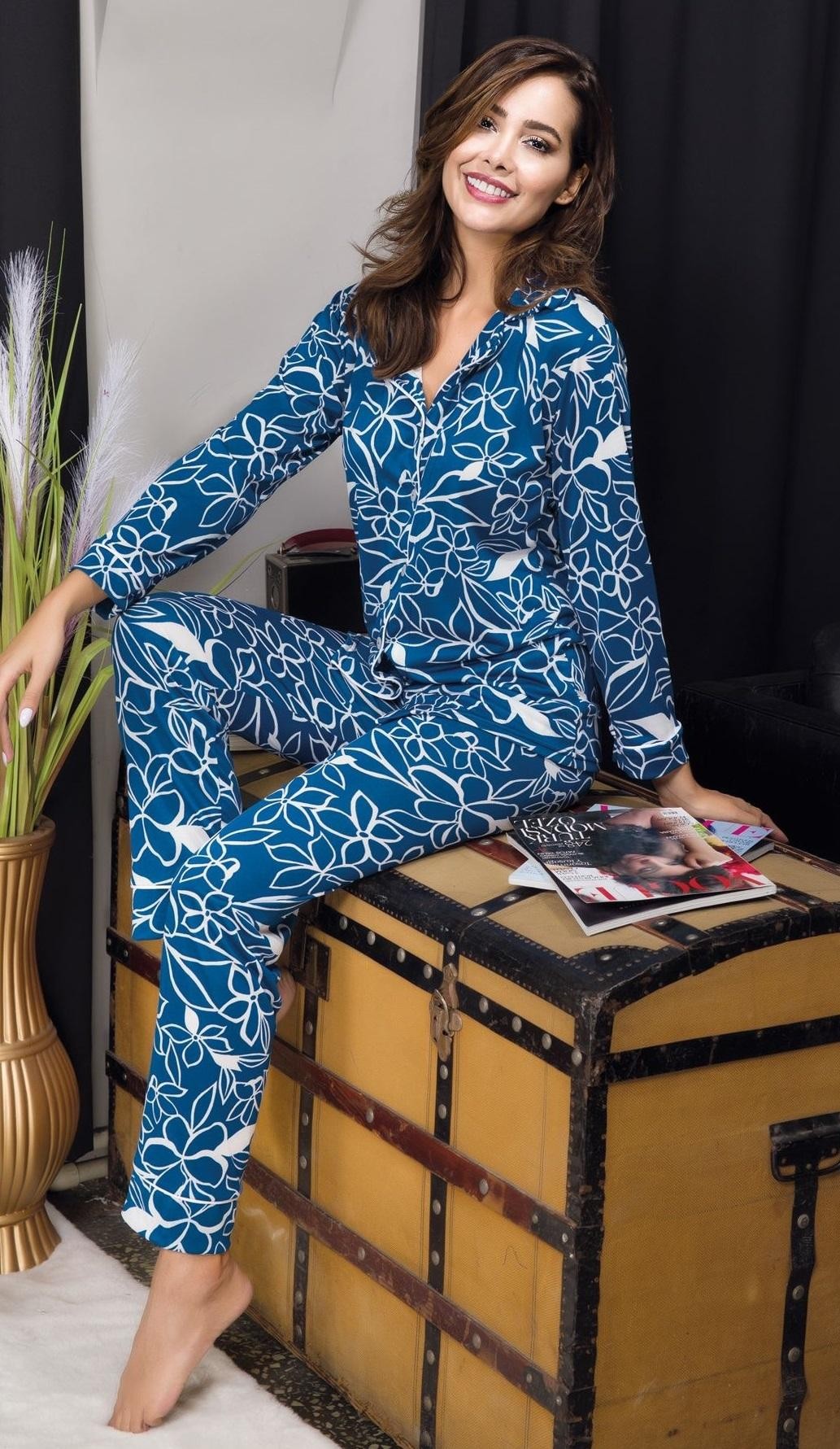 Mavi Desenli Düğmeli Kadın Pijama Takımı İzabel 4008 - Mavi