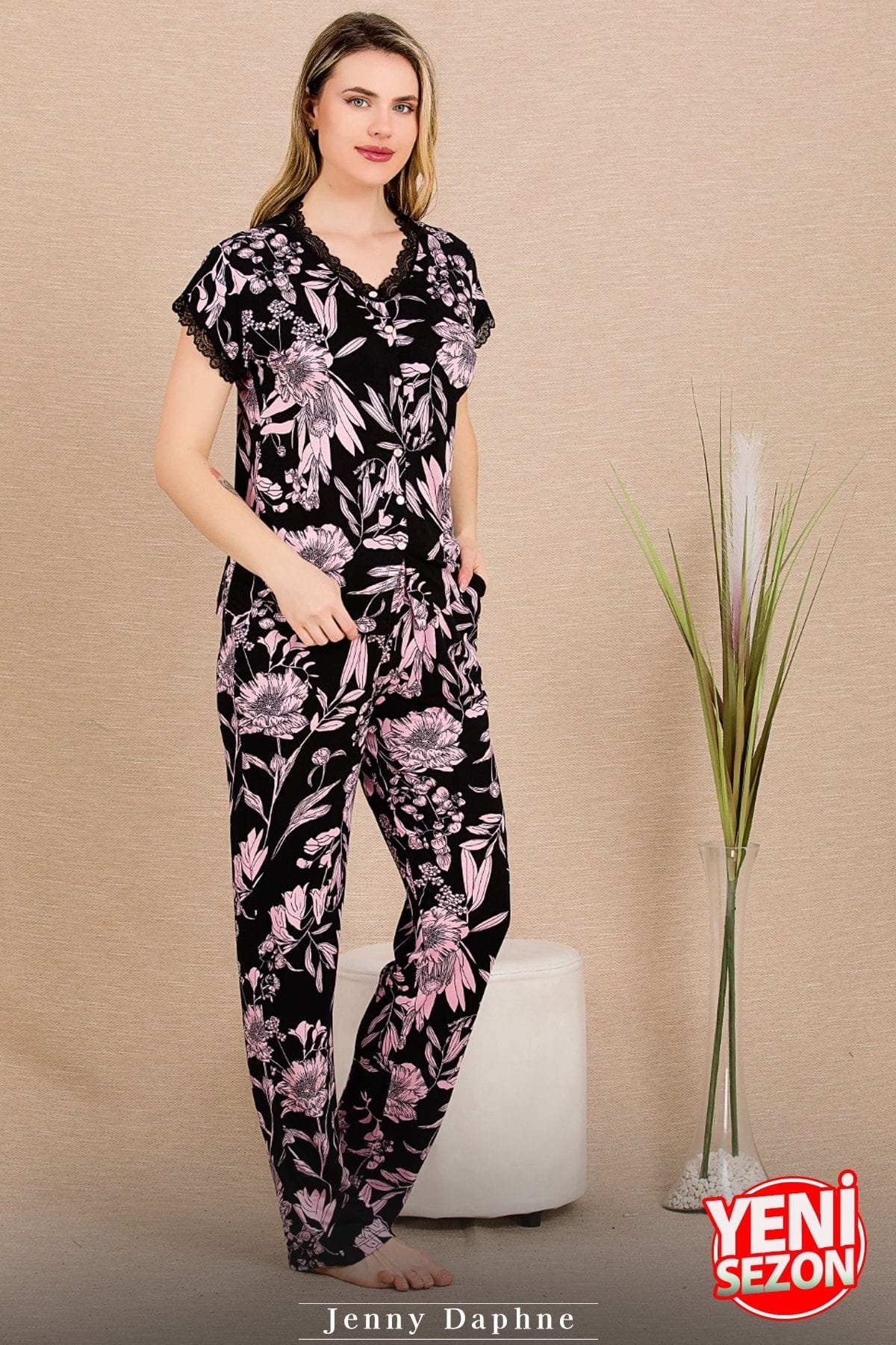 Lady Düğmeli Yaka Kollar Ve Yaka Dantelli Pijama Takımı Lady 12495 - Görsel 2