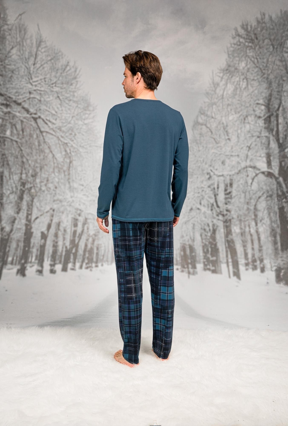 Ekoseli Cepli Yuvarlak Yaka Uzun Kollu Pijama Takımı Doreanse 26K4605 - Mavi