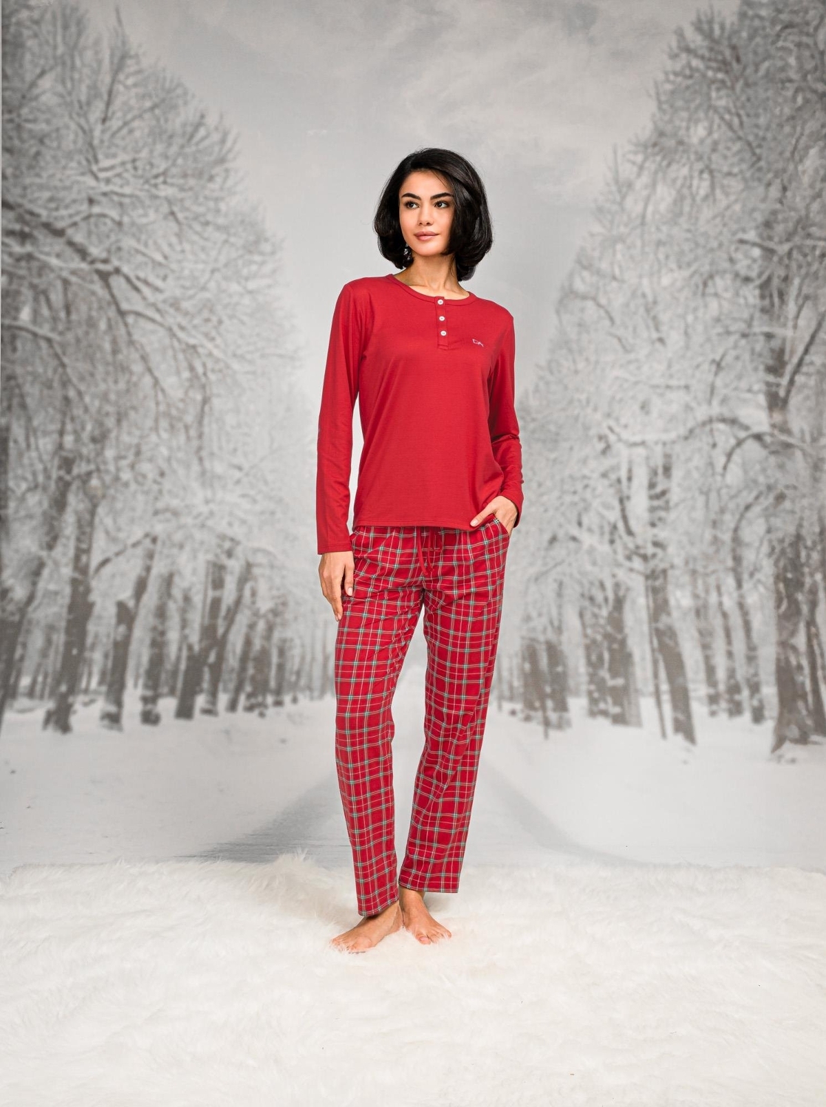 Ekoseli Pamuklu Kadın Pijama Takımı Doreanse 26K4108 - Kırmızı