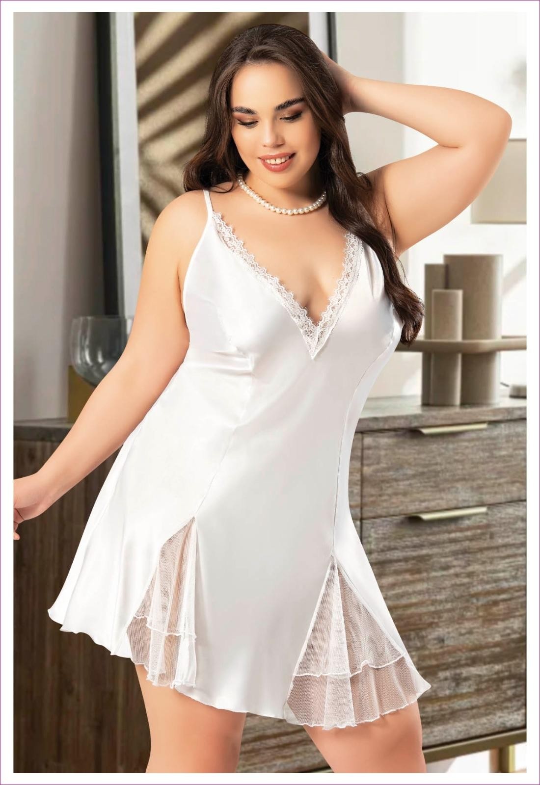 Askılı Yırtmaçlı Saten Gecelik Miss Laris 4034 - Ekru