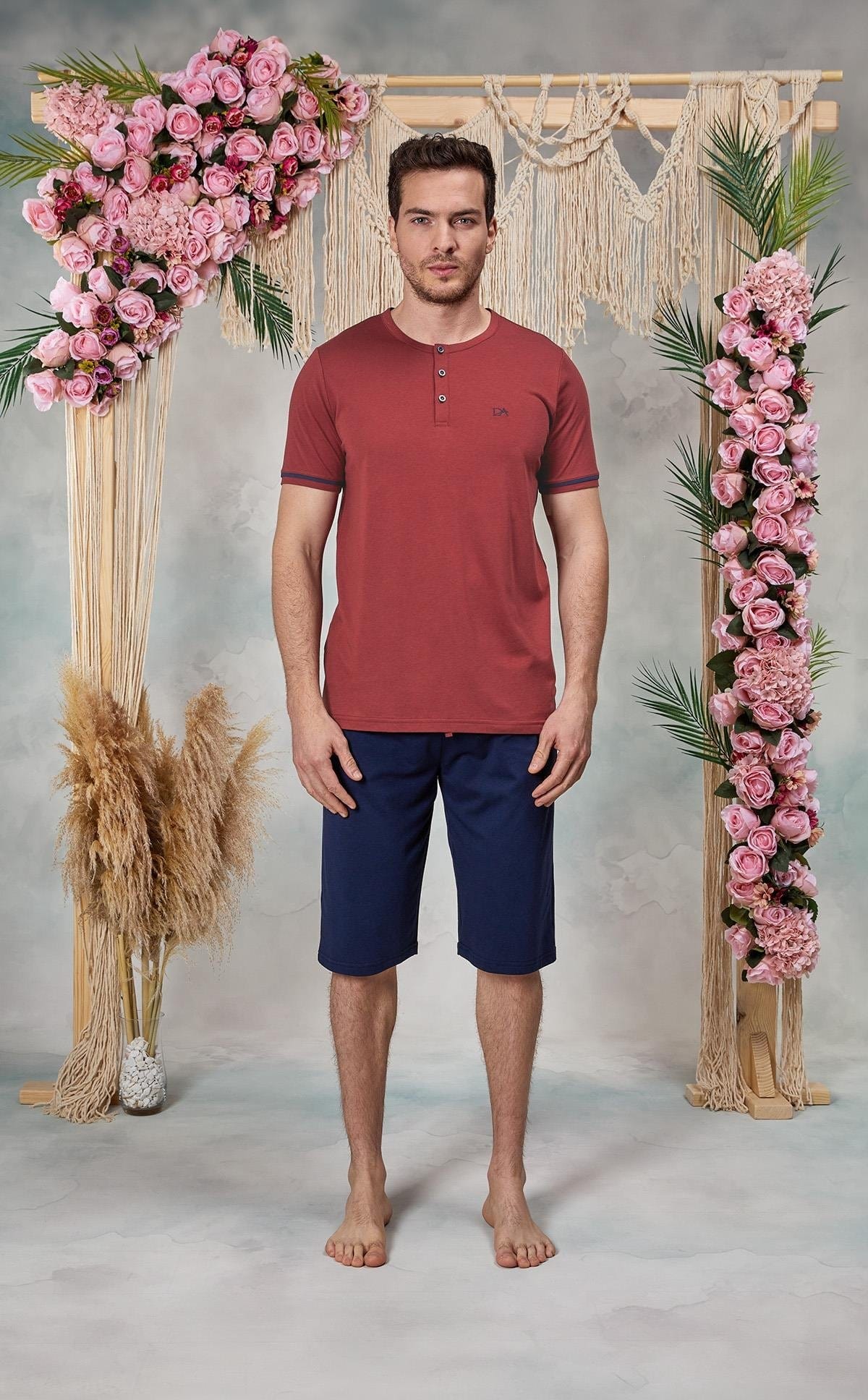 Bordo Düğme Yaka Askılı Şort T-Shirt Pijama Takımı Doreanse 254565 - Bordo