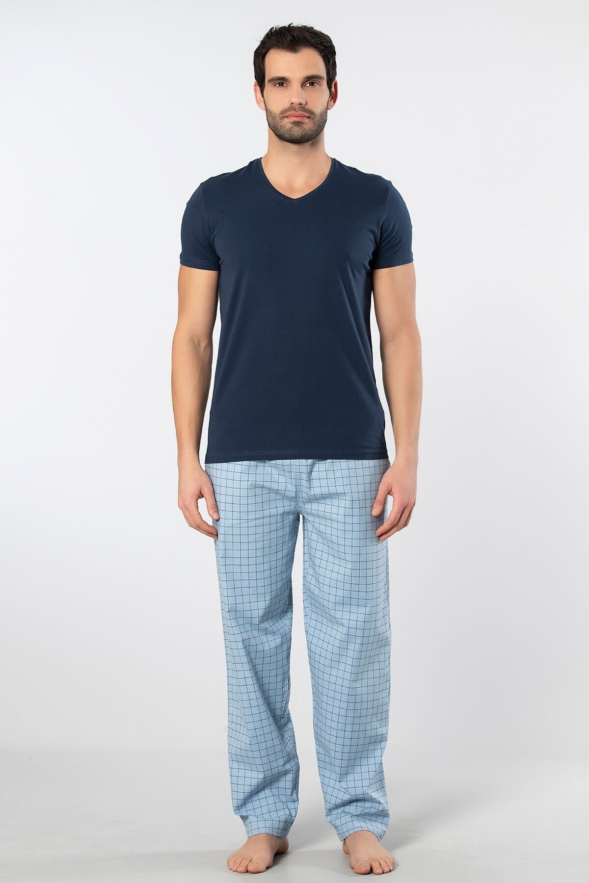 Pamuklu Kısa Kollu Kareli Pijama Takımı Cacharel 2238 - Mavi 2