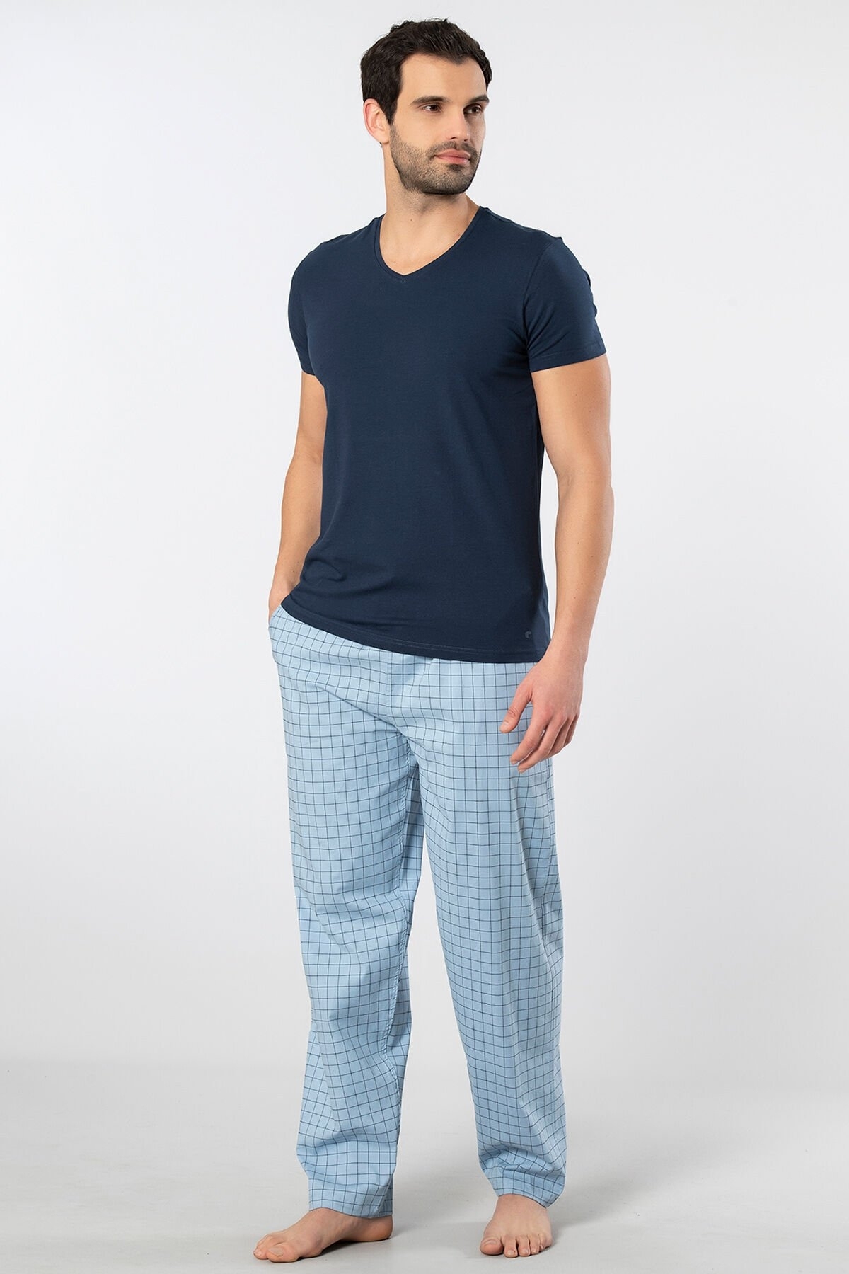 Pamuklu Kısa Kollu Kareli Pijama Takımı Cacharel 2238 - Mavi 2