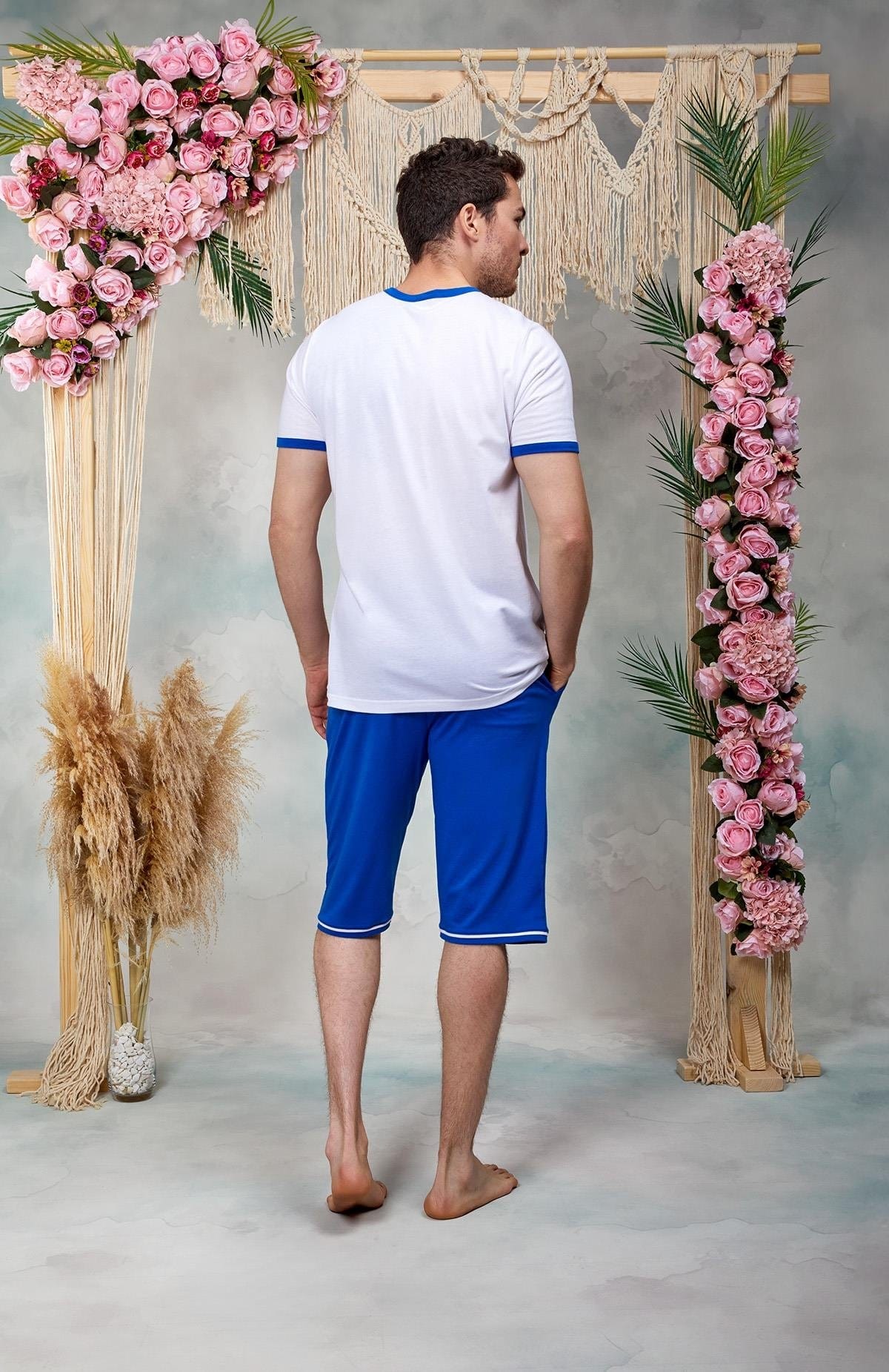 Modal Pamuklu Mavi Beyaz Baskılı Şort T-Shirt Pijama Takımı Doreanse 25Y4573 - Mavi