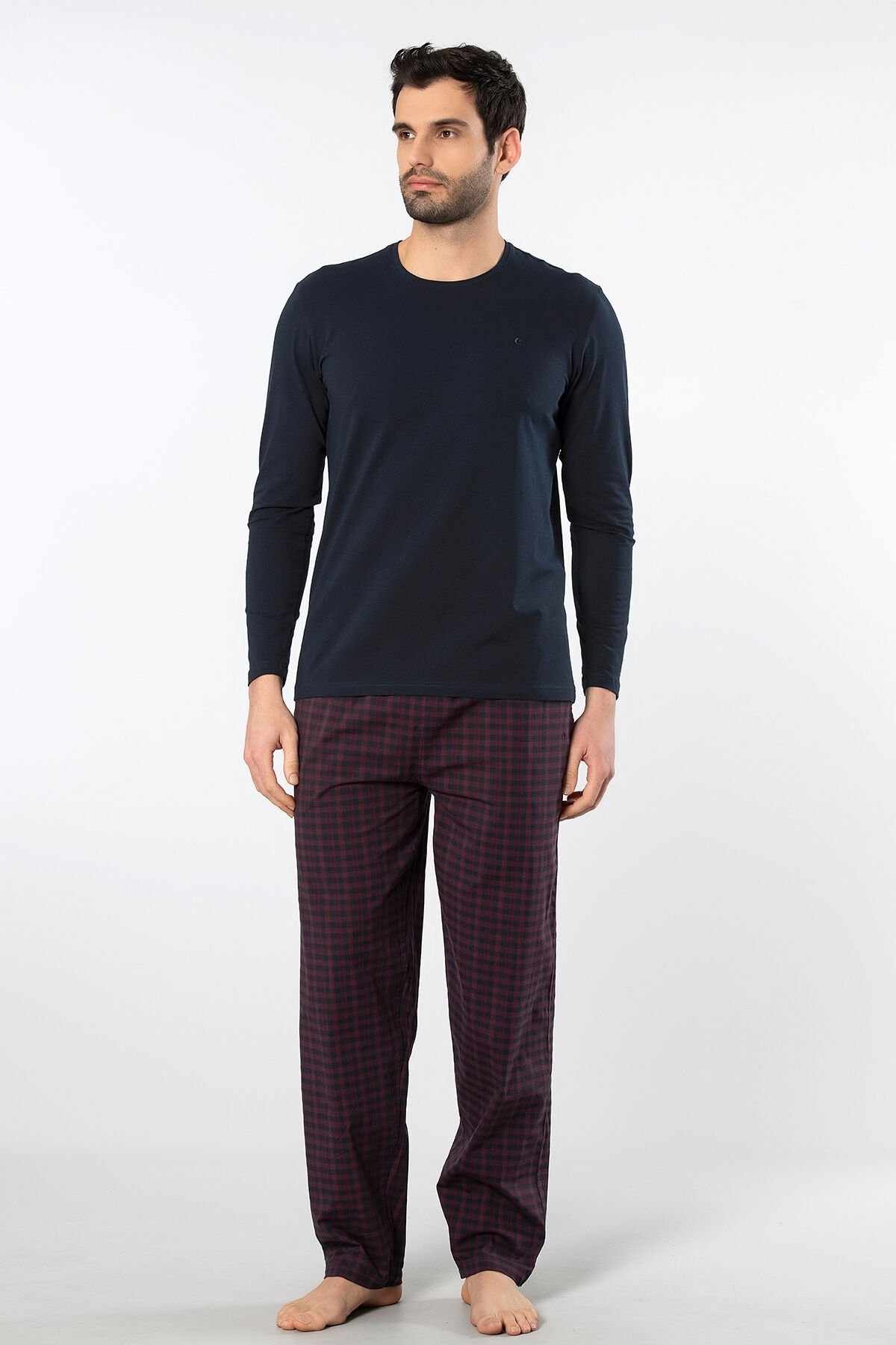 Ekoseli Poplin O Yaka Uzun Kollu Erkek Pijama Takımı Cacharel 2239 - Bordo 1