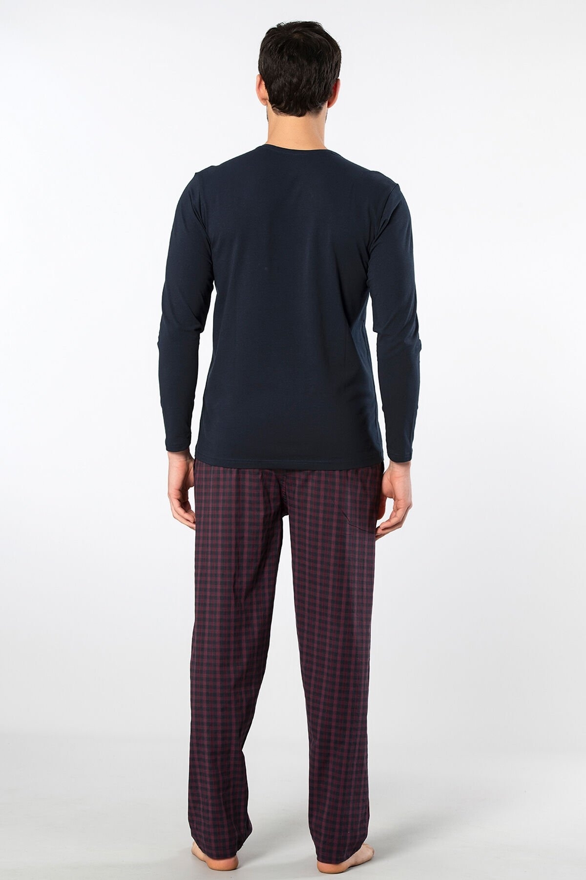 Ekoseli Poplin O Yaka Uzun Kollu Erkek Pijama Takımı Cacharel 2239 - Bordo 1