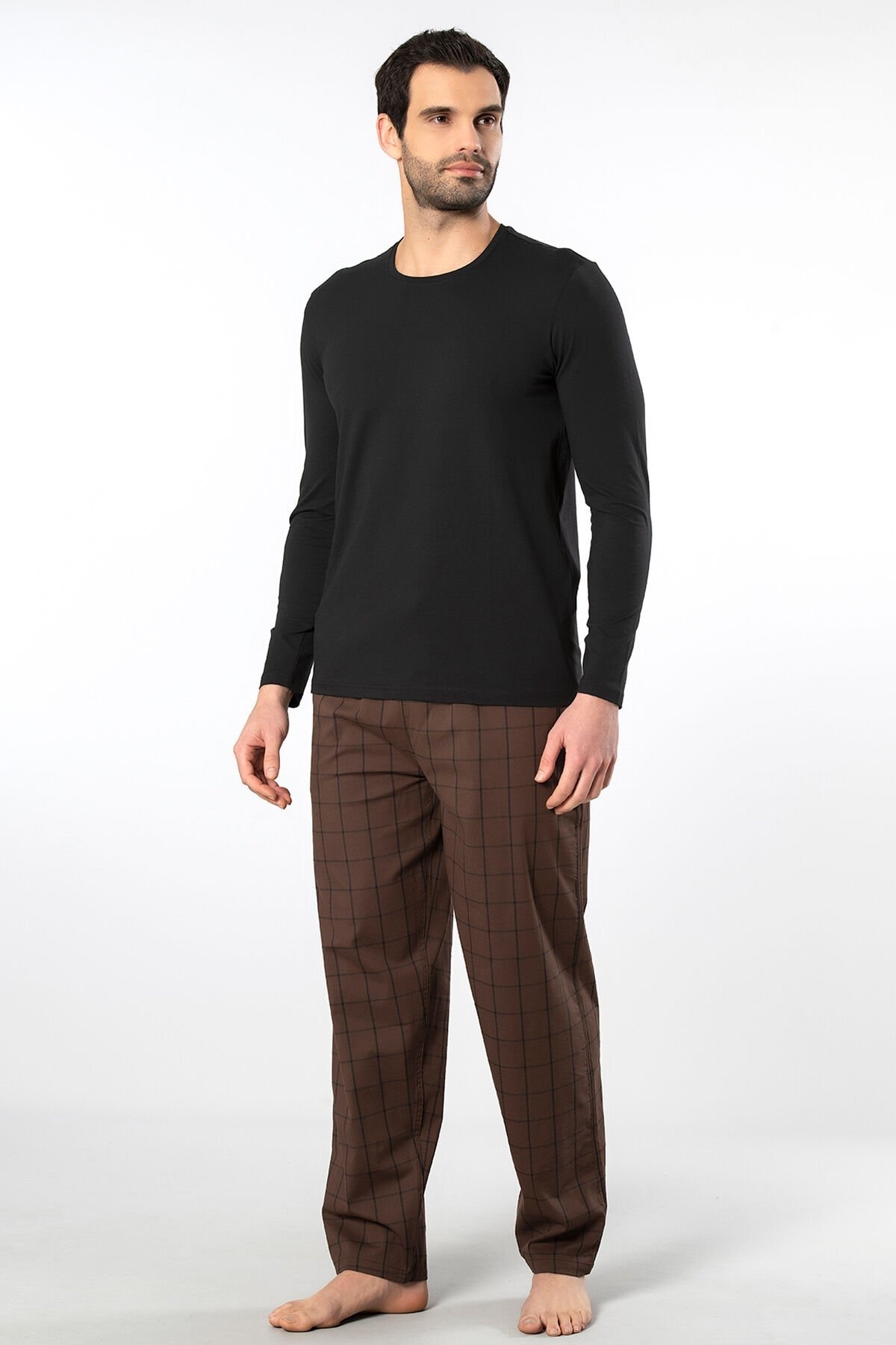 Pamuklu Uzun Kollu Yapısal Erkek Pijama Takımı Cacharel 2239 - Kahve 1
