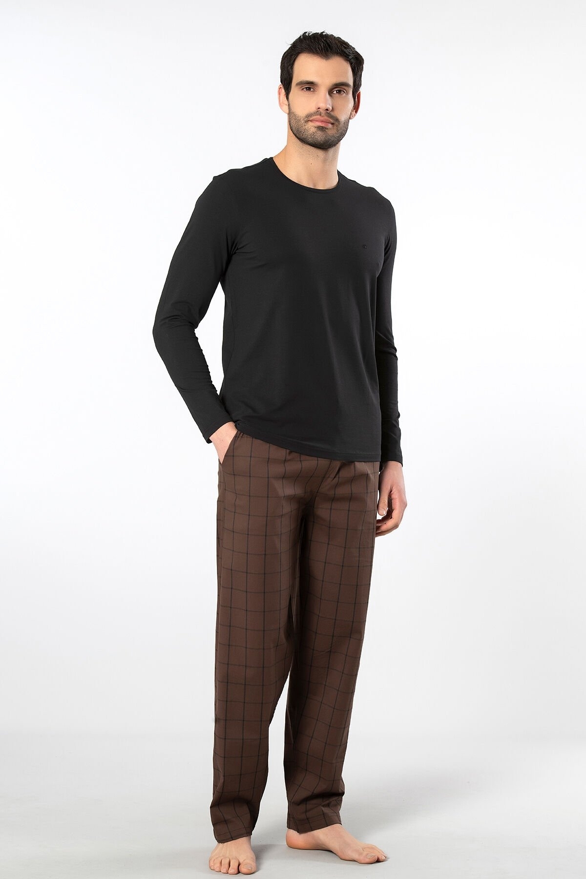 Pamuklu Uzun Kollu Yapısal Erkek Pijama Takımı Cacharel 2239 - Kahve 1