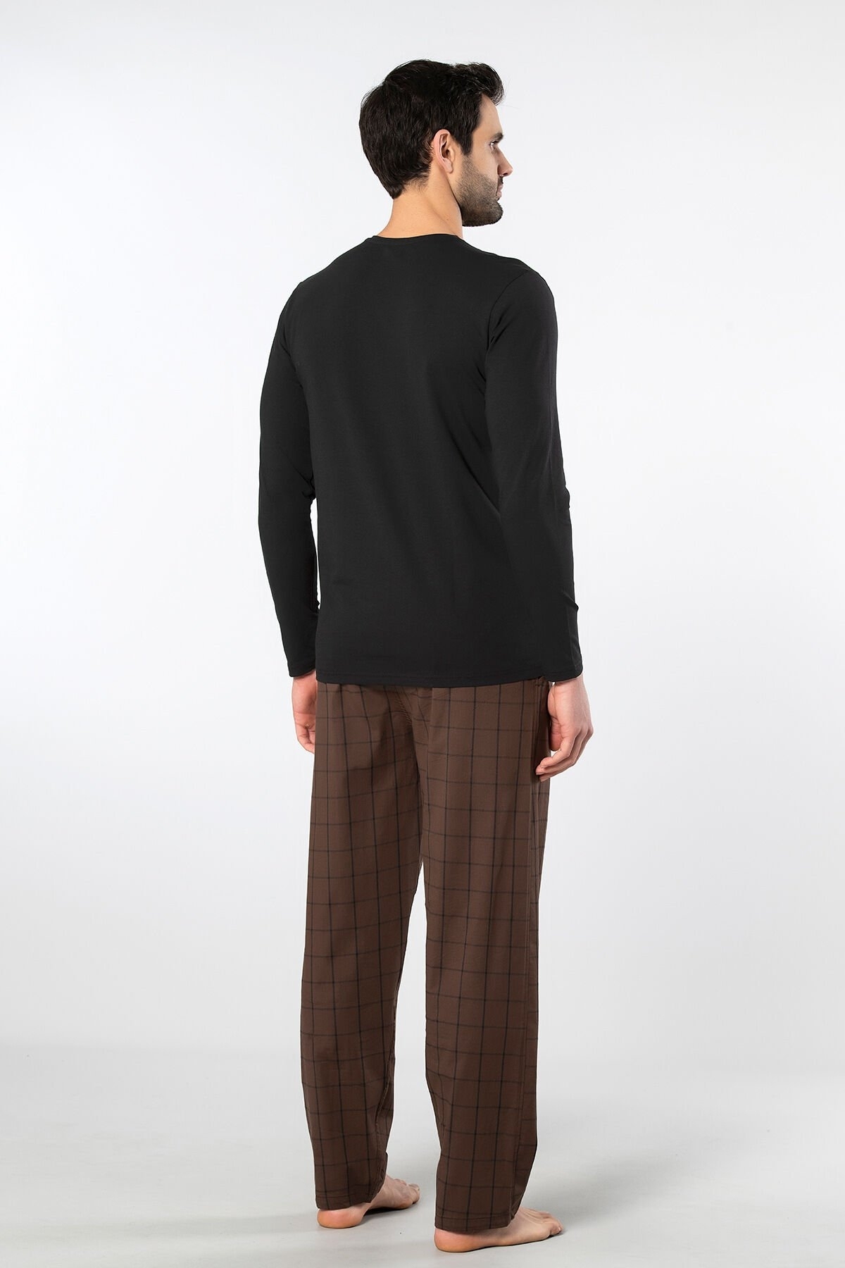 Pamuklu Uzun Kollu Yapısal Erkek Pijama Takımı Cacharel 2239 - Kahve 1